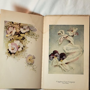 May include: Open book with two pages featuring floral illustrations. One page displays a cluster of pansies in shades of purple, white, and yellow. The other page has a ribbon with text that reads "Thoughts for Companions".