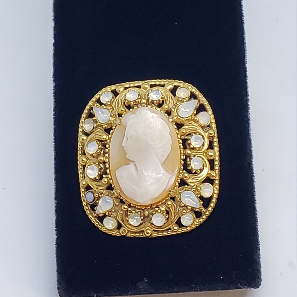 NEW REDUCED Price! Signed FLORENZA  1950s Cameo Brooch with Moonglow Cabochons