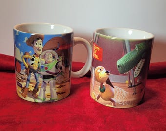 MINT Vintage 1990s Toy Story Mugs • Buzz-Woody, Slinky Dog-Rex • Disney Pixar Coffee Mug Set