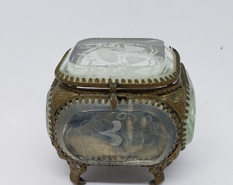 Victorian Jewelry Casket with Beautifully Etched Beveled Glass Panels