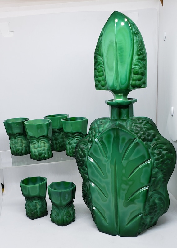Vintage Czech Art Deco Malachite Green Glass Decanter and Six