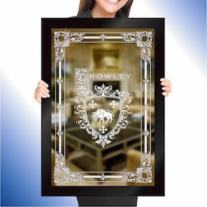 FAMILY CREST MIRROR | Coat Of Arms Gift | Customized engraved Celtic design | Traditional Irish gift | Sandblasted Mirror | Etched Glass