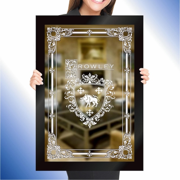 FAMILY CREST MIRROR | Coat Of Arms Gift | Customized engraved Celtic design | Traditional Irish gift | Sandblasted Mirror | Etched Glass