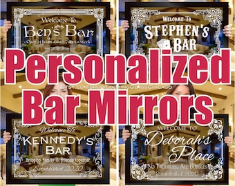 PERSONALIZED BAR MIRRORS | Design Your Own Unique Custom Home Bar Mirror | My bar name on etched mirror | Highest Quality Sandblast Etching