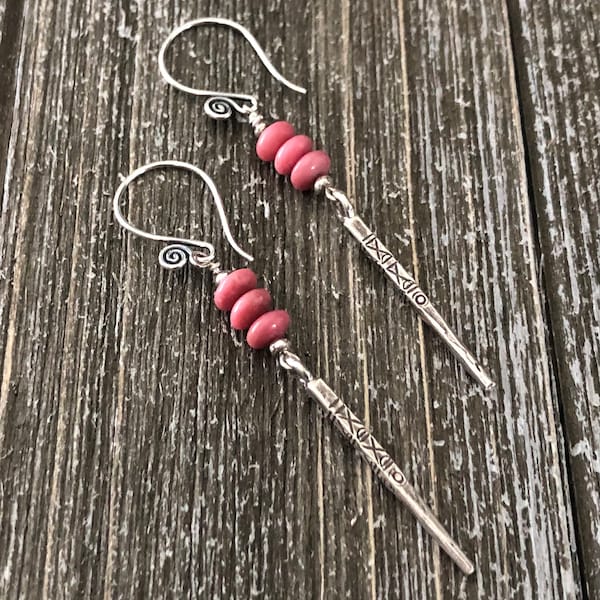 Handcrafted Thai Karen Hill Tribe Silver Beaded Charm Rose Pink Rhodonite Earrings