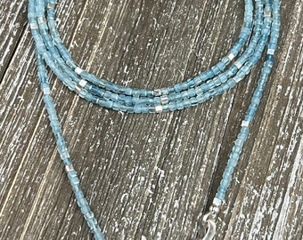 Breathtaking Karen Hill Tribe Silver Beaded AAA Aquamarine Eyeglass Necklace Chain
