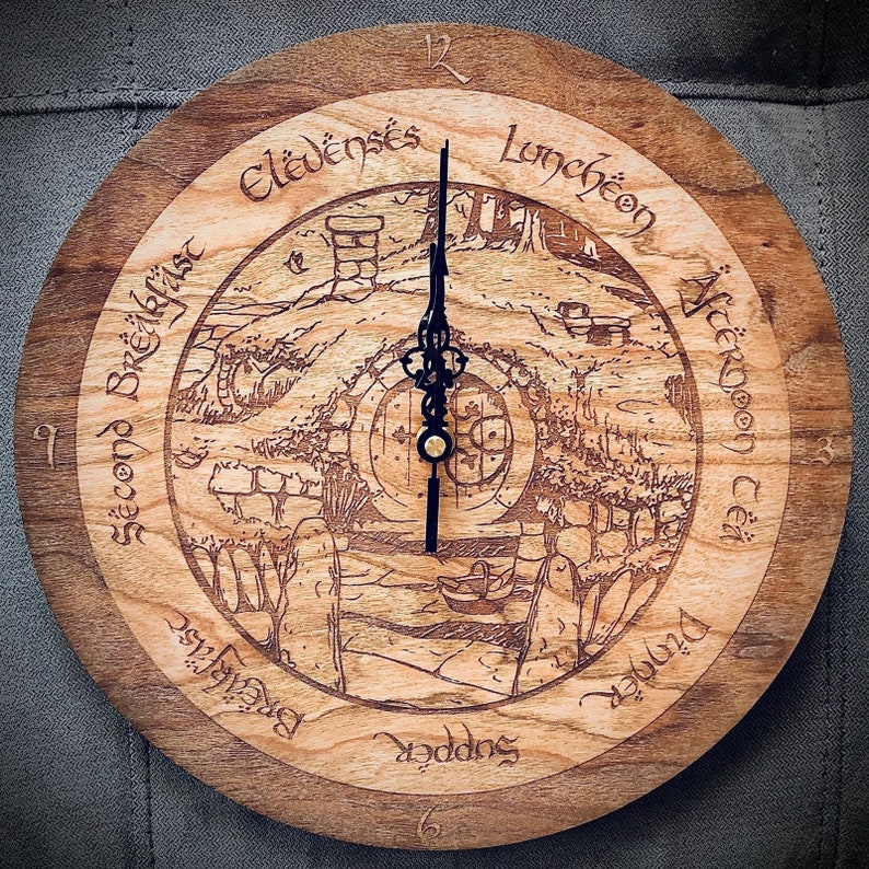 Shire Clock Wood Hobbit clock second breakfast Lord of the Rings 12 Elvish, middle earth, LOTR Fandom, Kitchen decor game room Tolkien image 4