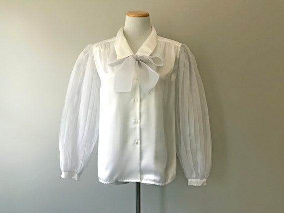 White Satin Blouse with Pleated Organza Balloon Sl