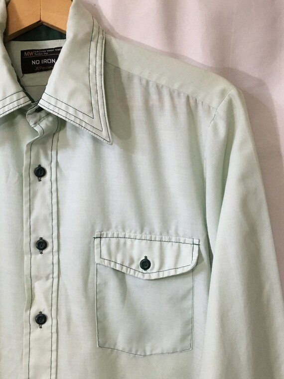 70's L Mint Green Forest Green Long Sleeve No Iro… - image 2