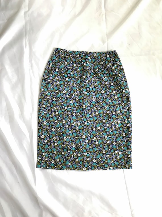 60's Floral Skirt / XS Blue Pencil Skirt / Blue Mo