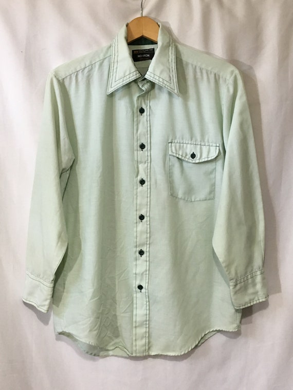 70's L Mint Green Forest Green Long Sleeve No Iro… - image 1