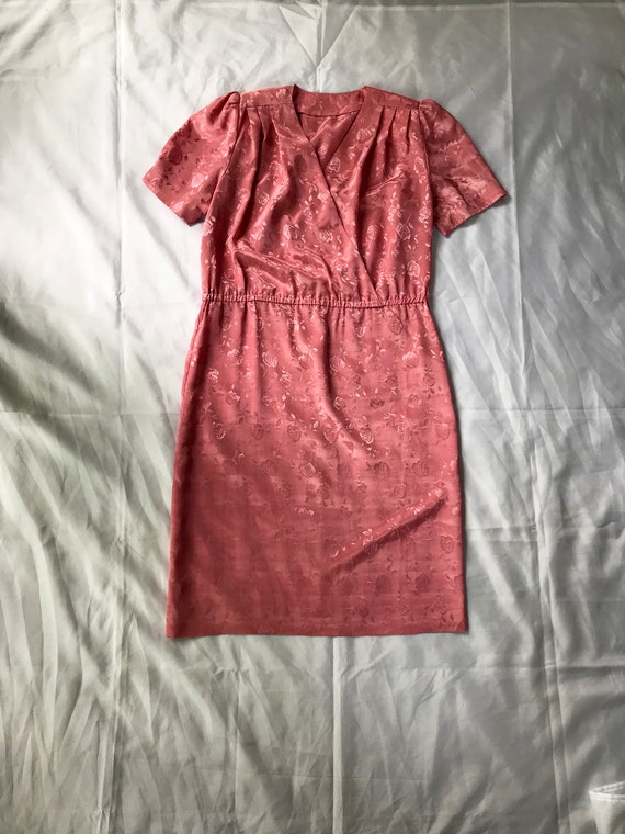 Pink Satin Dress / Jacquard Satin Dress / L / 80's