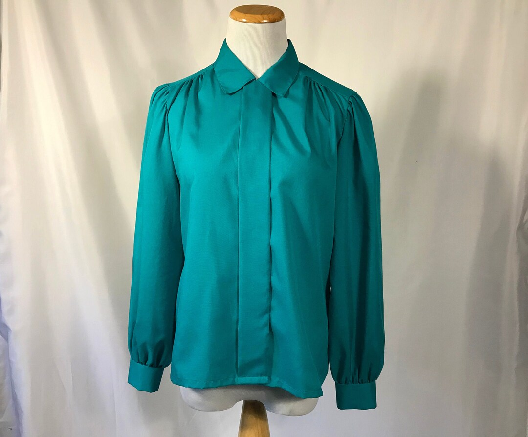 80's Teal Poet Blouse / Teal Long Sleeve Blouse / Hidden Etsy