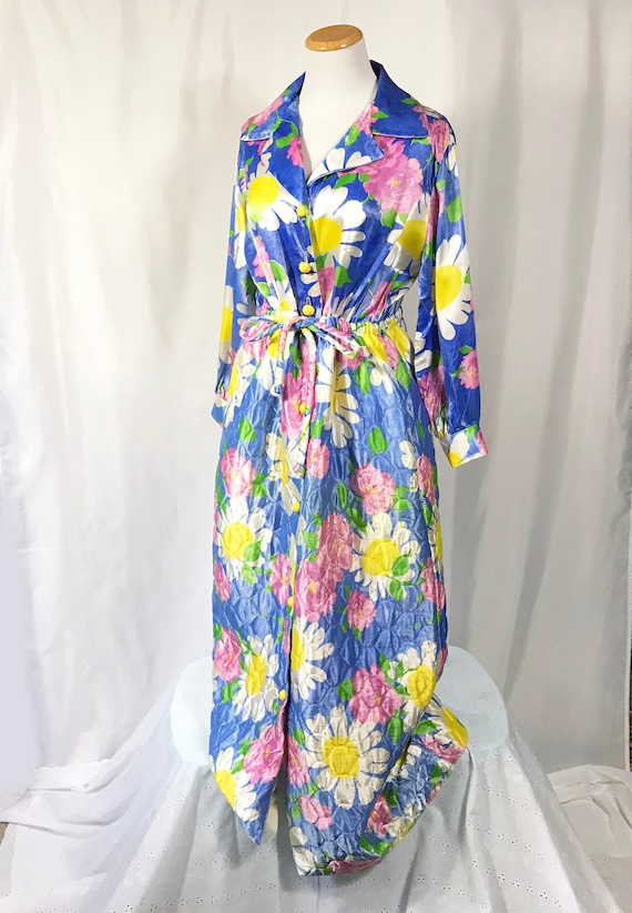 70's Mod Floral House Dress / Quilted House Dress