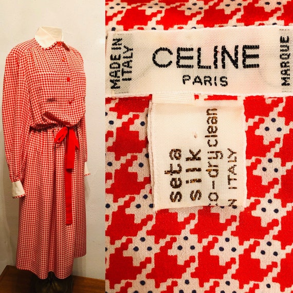 1980s CELINE red and white houndstooth print silk