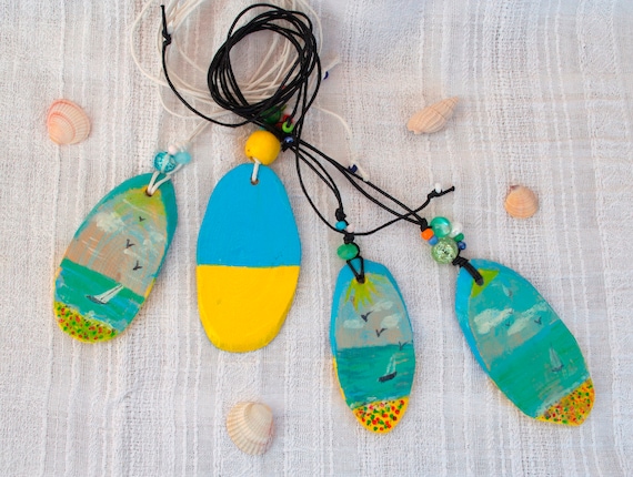 Seascape beach water painted wood necklace gift for women nautical artisan naive art Illustrated jewelry wearable art wood pendant slice art