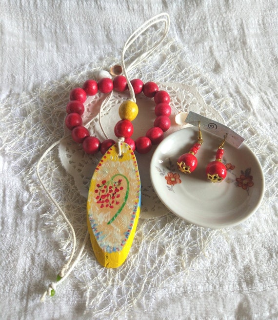 Ethnic artisan red yellow wood jewelry set painted wood pendant red earrings wooden bracelet festival folk jewelry gift women Viburnum art