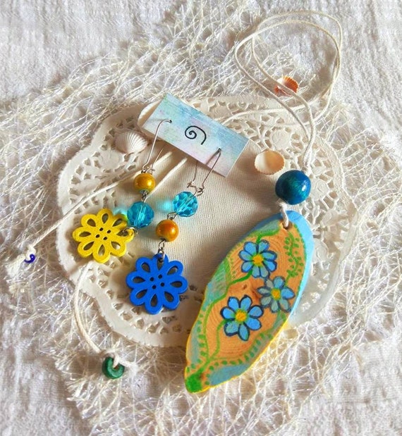 Yellow blue earrings & wood pendant folk jewelry set ethnic artisan painted wood jewelry flower earrings floral necklace gift box for girl