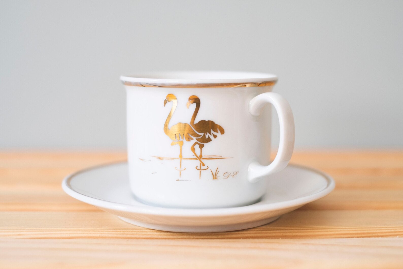 Flamingo teacups // Set of 2 // D.E. Douwe Egberts // Golden bird tableware // Kronester Bavaria West Germany