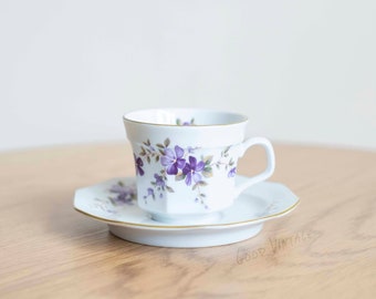 Cup and saucer purple flower // Winterling Marktleuten Bavaria 1950 // octagonal