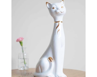 White ceramic cat // Siamese long neck // shabby chic gold accents statue