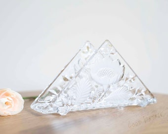 Crystal napkin standard letter holder // cut and matted flowers // Beyer Bavaria Lead Crystal 24% Pbo
