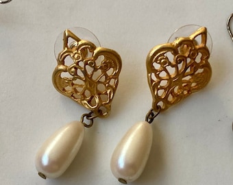 Trio, Gold, Pearl, Crystal, Vintage Earrings