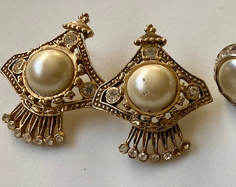 Trio, Gold, Pearl, Rhinestone, Vintage Earrings