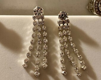 Trio, Silver, Rhinestone, Vintage Earrings