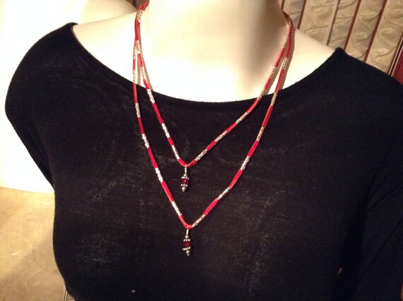 Red suede lace charm necklace
