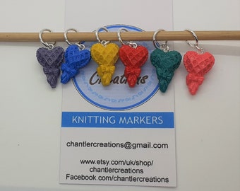 Heart stitch markers, set of six markers, handmade polymer clay hearts, progress markers / keepers for knitting and crocheting