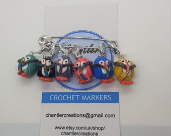 Penguin stitch markers, set of six markers, handmade polymer clay penguin, progress markers / keepers for knitting and crocheting