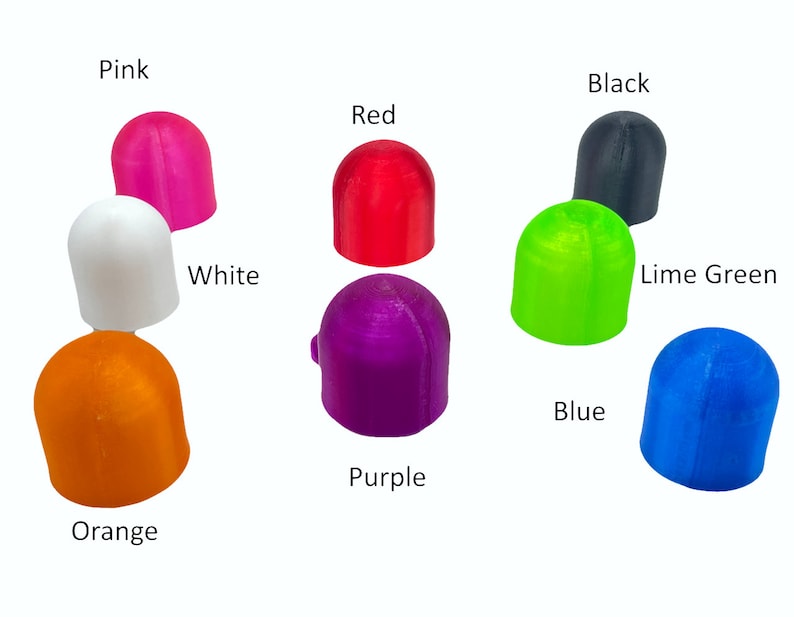 Peut inclure: Assortiment de 10 capuchons en forme de d&ocirc;me de diff&eacute;rentes couleurs, dont rose, blanc, rouge, vert lime, bleu, orange, violet et noir.