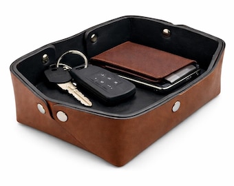 Bandeja organizadora de cuero para llaves, cartera y teléfono – Organizador multiusos artesanal.