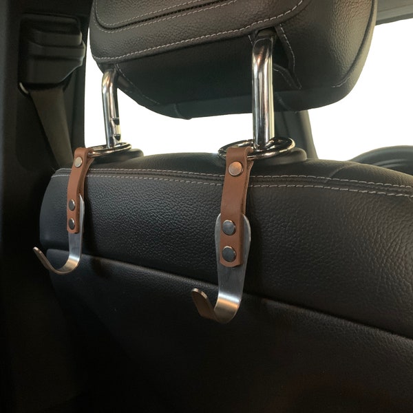 Car Headrest Hooks Premium Leather Stainless Steel Hook Hanger Purse Car Seat Head Rest Storage Organizer Handbag Bag Back Seat Car Hook