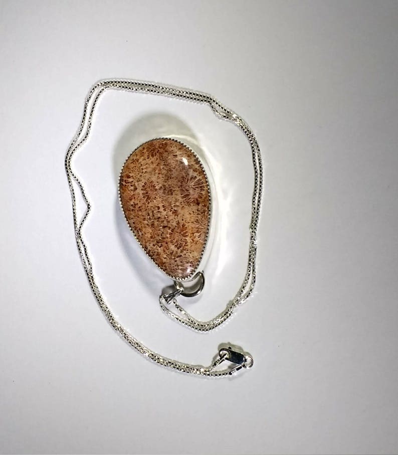 Coral Cabochon on Sterling Silver Pendant, Coral Pendant on Sterling Silver Chain, Coral Pendant, Coral Cabochon image 4