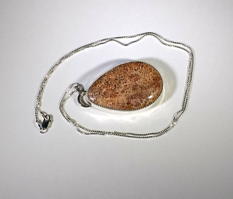 Coral Cabochon on Sterling Silver Pendant, Coral Pendant on Sterling Silver Chain, Coral Pendant, Coral Cabochon image 3