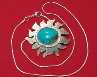 Turquoise on Nickel Sunburst Pendant, Turquoise Pendant, Turquoise on Nickel Pendant