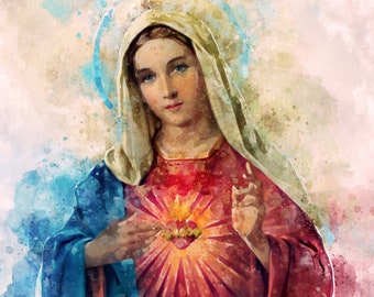 Immaculate Heart of Mary Watercolor Beautiful Wall Art for Living Room | Nice Religious Canvas gift for home decor