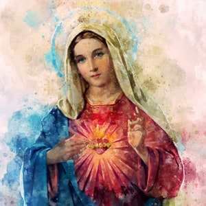 Immaculate Heart of Mary Watercolor Beautiful Wall Art for Living Room | Nice Religious Canvas gift for home decor