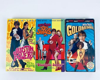 Trilogía de Austin Powers en VHS, El hombre misterioso, La espía que me achuchó, Goldmember, Comedia clásica de los 90, Dr. Maligno, Mike Myers, Mini Yo, TODO PROBADO