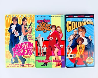 Austin Powers Trilogy VHS, Man of Mystery, The Spy who Shagged Me, Goldmember, Vintage 90s Comedy, Dr Evil, Mike Meyers, Mini Me, ALL TESTED