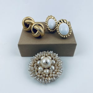 Vintage Monet Brooch & 2 Pairs of Earrings c. 1950 - 70s - All Stamped - Oval, Gold-Tone, Love Knot Clip Ons, Faux Pearl Clustered Brooch