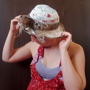 Crochet Plarn Hat with Bow Upcycled Fashion
