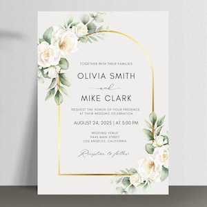 EDITABLE White Floral Wedding Invitation Set, White Flowers Greenery Wedding Invitation Template, White Roses Wedding Invitation Suite