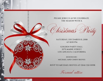 May include: A silver and red Christmas party invitation with a red and white ribbon and a red bauble with silver swirls. The invitation includes the date, time, location, and dress code.  "Please join us as we celebrate the season with a Christmas Party. Saturday, December 15, 2018 at 8:00 PM. Golden Party Hall, 5375 Maine Street, Los Angeles, California. Hosted by: Michael and Cindy Reeves. RSVP to Michael Reeves at (554) 332-0098. Formal attire."
