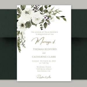 EDITABLE White Floral Wedding Invitation, White Flowers Greenery Wedding Invitation Template, Editable Floral Wedding Invitation