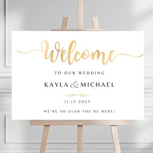 Plantilla de letrero de bienvenida a nuestra boda EDITABLE, letrero "Nos alegra mucho que estés aquí", letrero de bienvenida a nuestra boda, letrero de bienvenida con lámina dorada