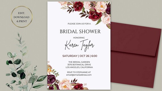 EDITABLE Marsala Bridal Shower Invitation, Marsala and Blush Bridal Shower Invitation, Burgundy and Blush Wedding Invitation Il_570xn