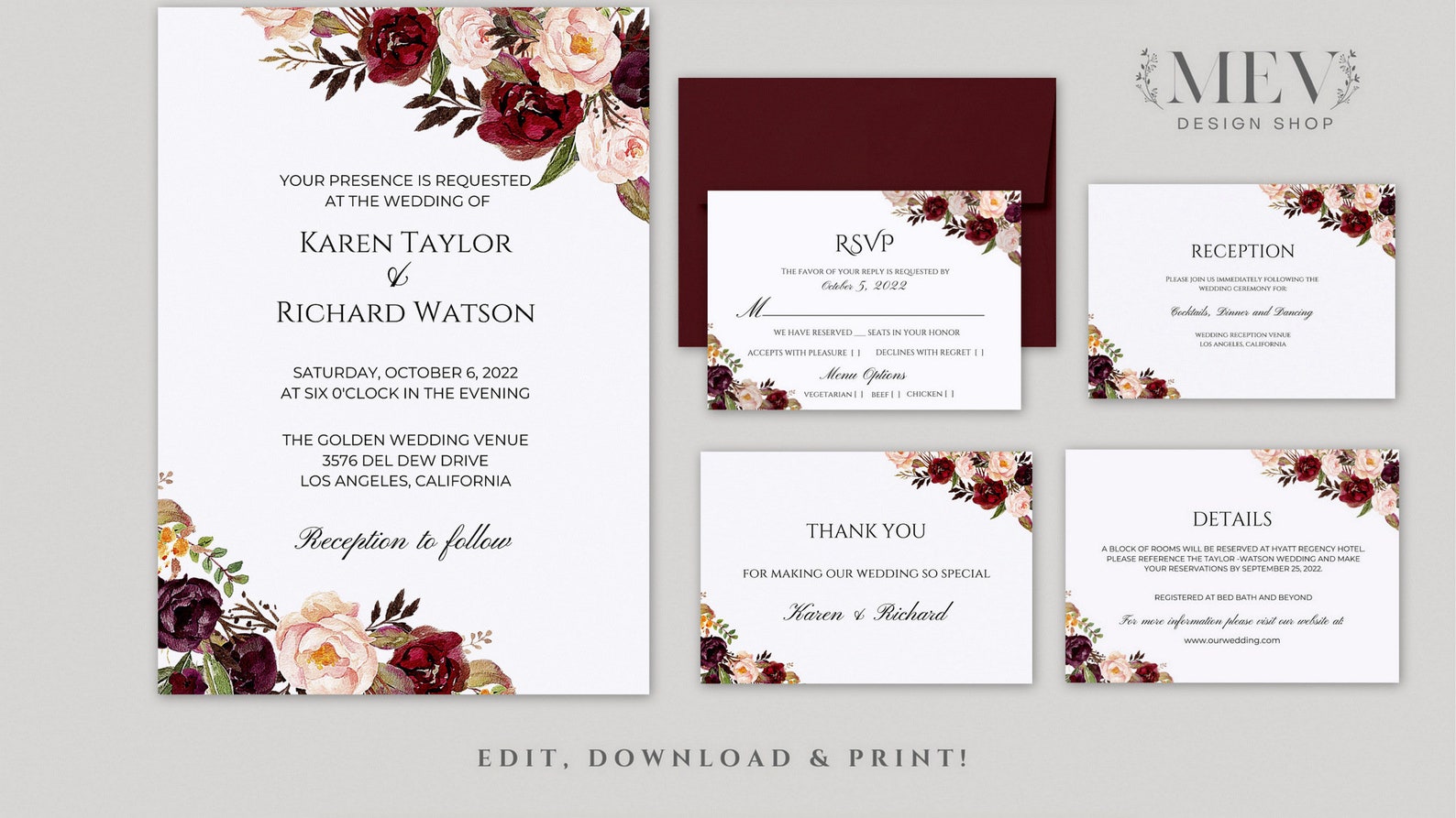 EDITABLE Marsala Wedding Invitation Suite Marsala and Blush - Etsy